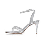 Bella 75 Heeled Sandal in Metallic Silver Leather