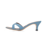 Carrie 55 Heeled Sandal in Blue Jeans Denim Fabric