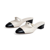 Diana 35 Heeled Mule in Cream Nappa and Black Wrinkled Patent Leather