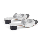 Diana 35 Heeled Mule in Metallic Silver and Black Nappa Leather