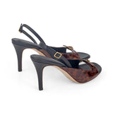 Elle 75 Heeled Sandal in Tortoise Shell Patent and Classic Black Leather