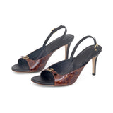 Elle 75 Heeled Sandal in Tortoise Shell Patent and Classic Black Leather