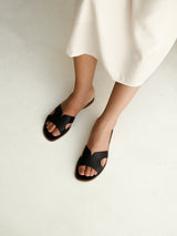 Yumi Slide in Classic Black Leather (Natural Soles)