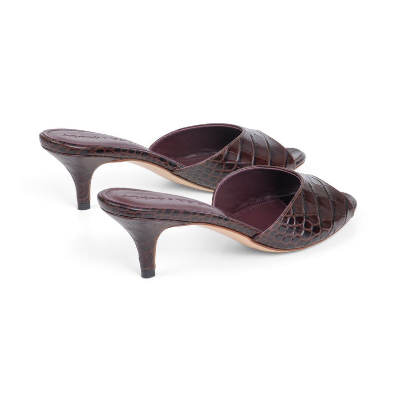 Amelie 55 Heeled Sandal in Embossed Testa Di Moro Crocodile Leather