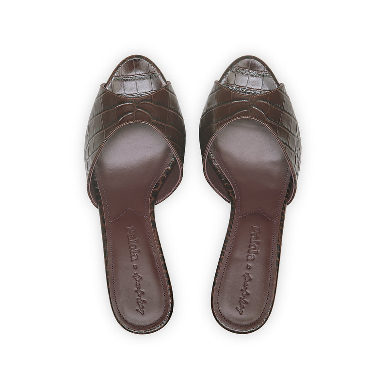 Amelie 55 Heeled Sandal in Embossed Testa Di Moro Crocodile Leather