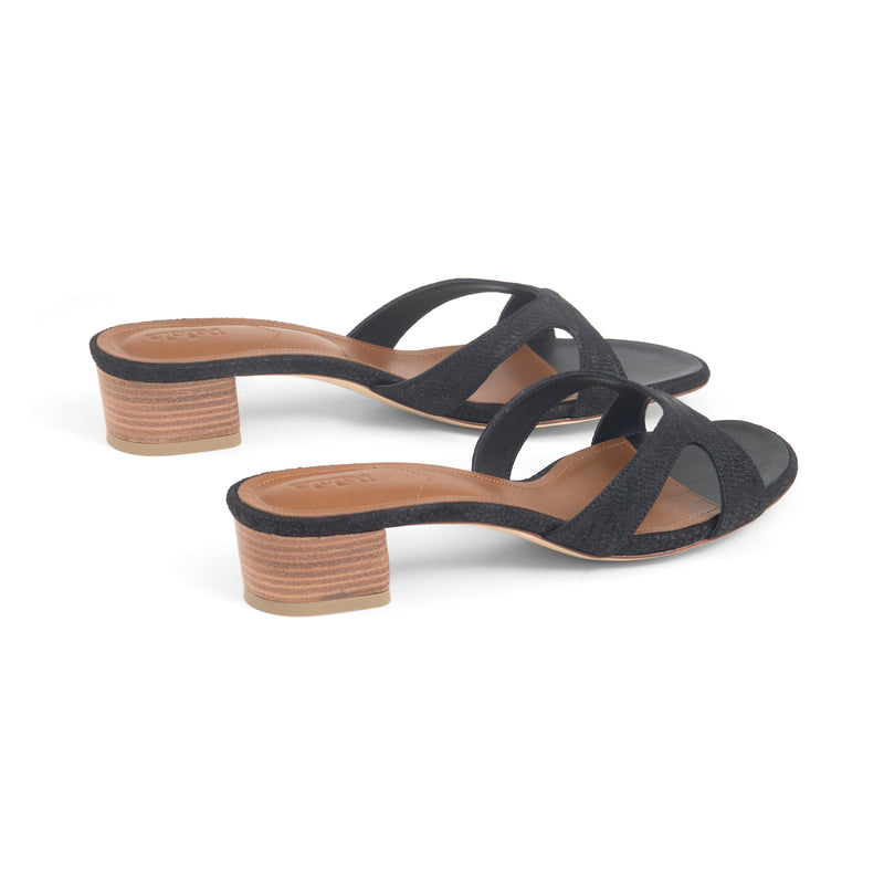 Bella 35 Heeled Sandal in Embossed Black Lizard Leather