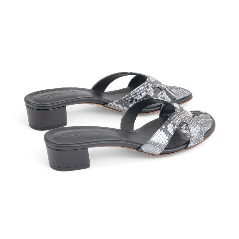 Bella 35 Heeled Sandal in Embossed Silver Python Leather
