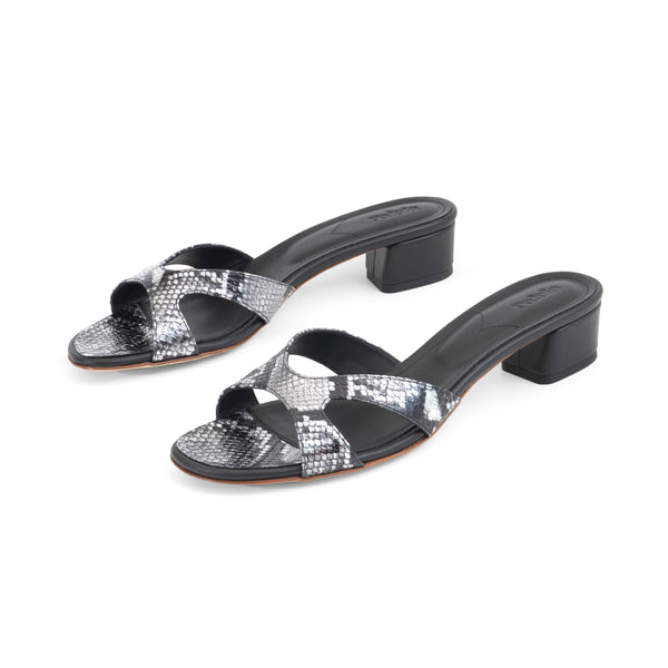 Bella 35 Heeled Sandal in Embossed Silver Python Leather Palola
