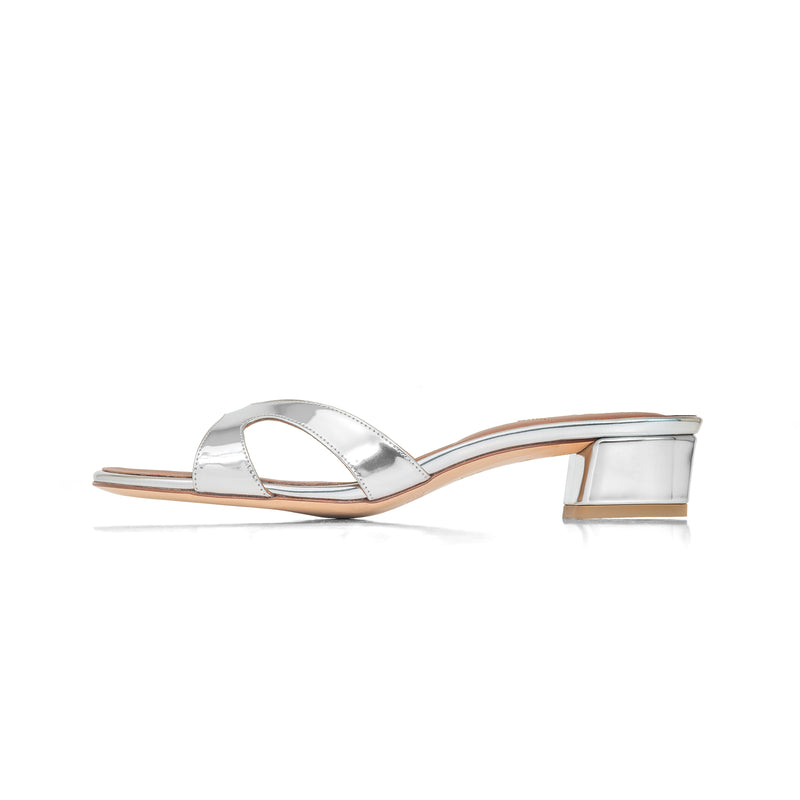 Bella 35 Heeled Sandal in Metallic Silver Patent Leather