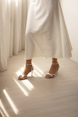Bella 75 Heeled Sandal in Metallic Silver Leather