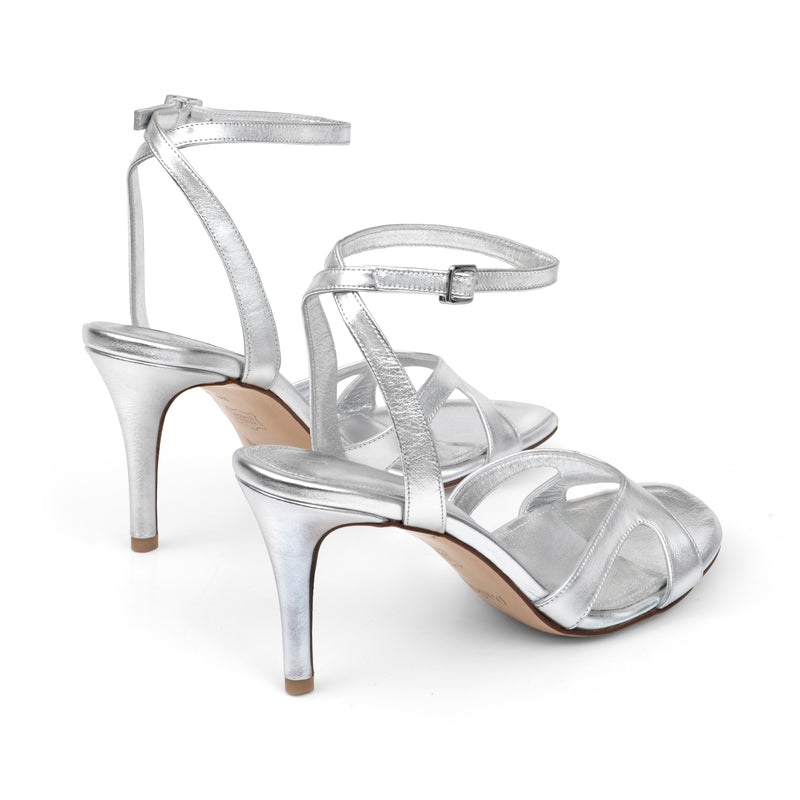 Bella 75 Heeled Sandal in Metallic Silver Leather