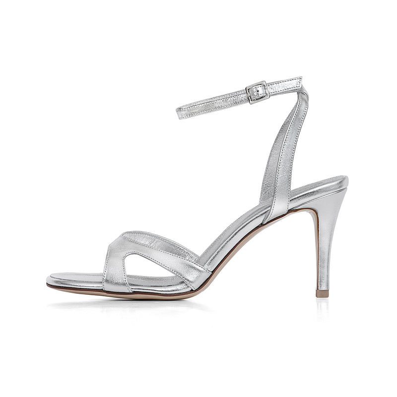 Bella 75 Heeled Sandal in Metallic Silver Leather