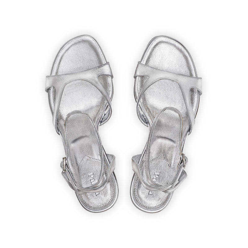 Bella 75 Heeled Sandal in Metallic Silver Leather