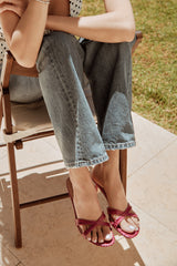 Carrie 55 Heeled Sandal in Embossed Ciclamino Crocodile Leather