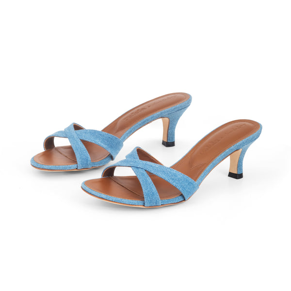 Carrie 55 Heeled Sandal in Blue Jeans Denim Fabric
