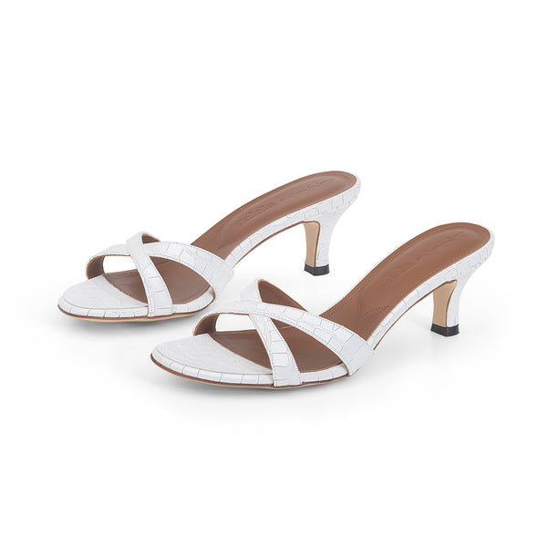 Carrie 55 Heeled Sandal in Embossed White Crocodile Leather