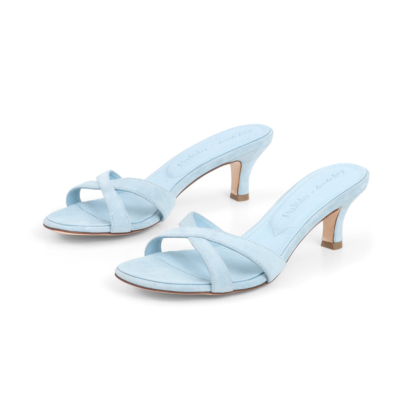 Carrie 55 Heeled Sandal in Sky Blue Suede Leather