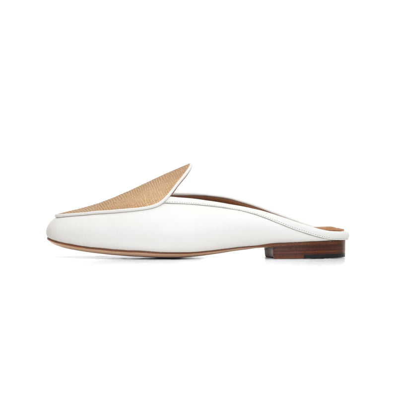 Claudia Mule in White Nappa and Embossed Gold Lizard Leather