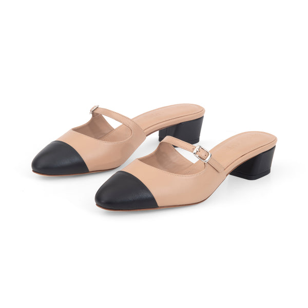 Diana 35 Heeled Mule in Beige Nappa and Black Nappa Leather