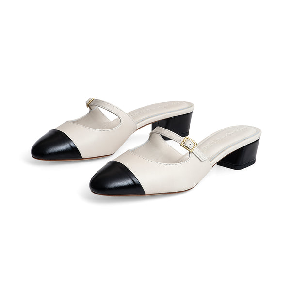 Diana 35 Heeled Mule in Cream Nappa and Black Wrinkled Patent Leather