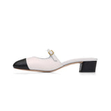 Diana 35 Heeled Mule in Cream Nappa and Black Wrinkled Patent Leather