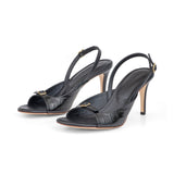 Elle 75 Heeled Sandal in Embossed Black Crocodile and Classic Black Leather