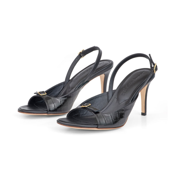 Elle 75 Heeled Sandal in Embossed Black Crocodile and Classic Black Leather