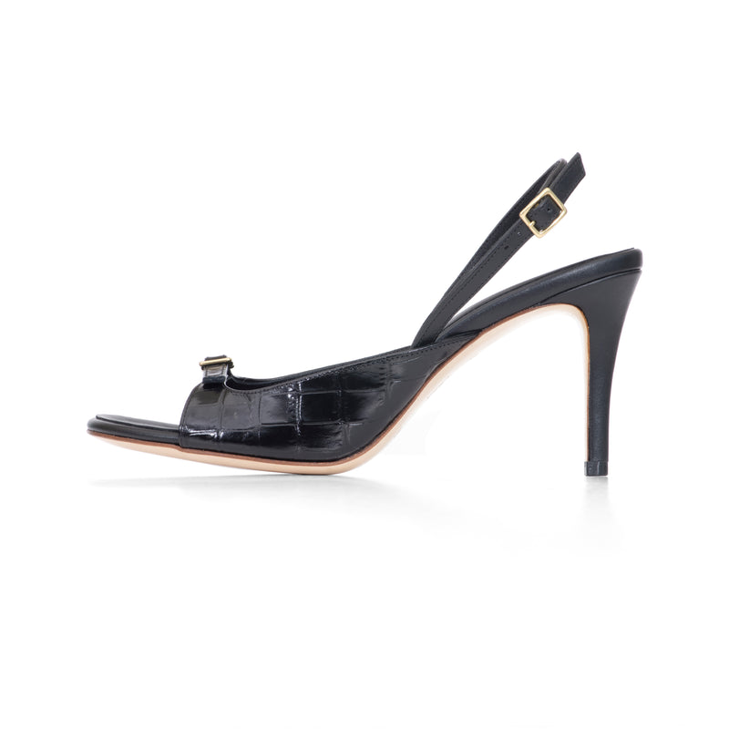 Elle 75 Heeled Sandal in Embossed Black Crocodile and Classic Black Leather