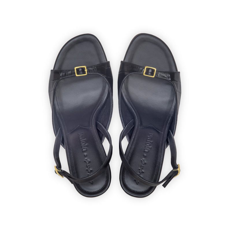 Elle 75 Heeled Sandal in Embossed Black Crocodile and Classic Black Leather