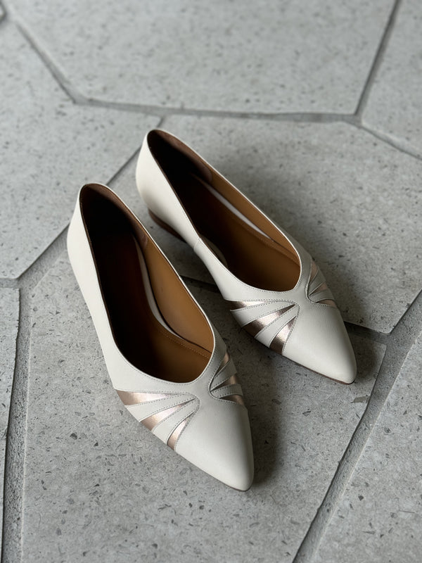 Kendall Ballet Flat in Cream Nappa and Metallic Rose Gold Leather