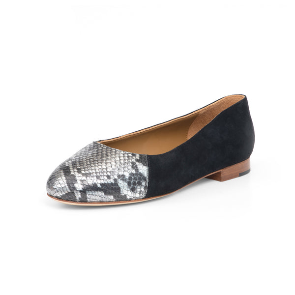 Group Made-To-Order (GMTO) Jessica Ballet Flat in Black Suede and Embossed Silver Python Leather