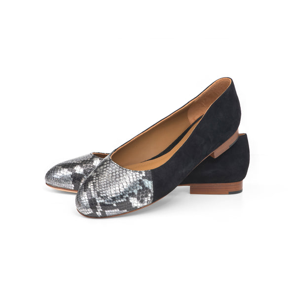 Group Made-To-Order (GMTO) Jessica Ballet Flat in Black Suede and Embossed Silver Python Leather