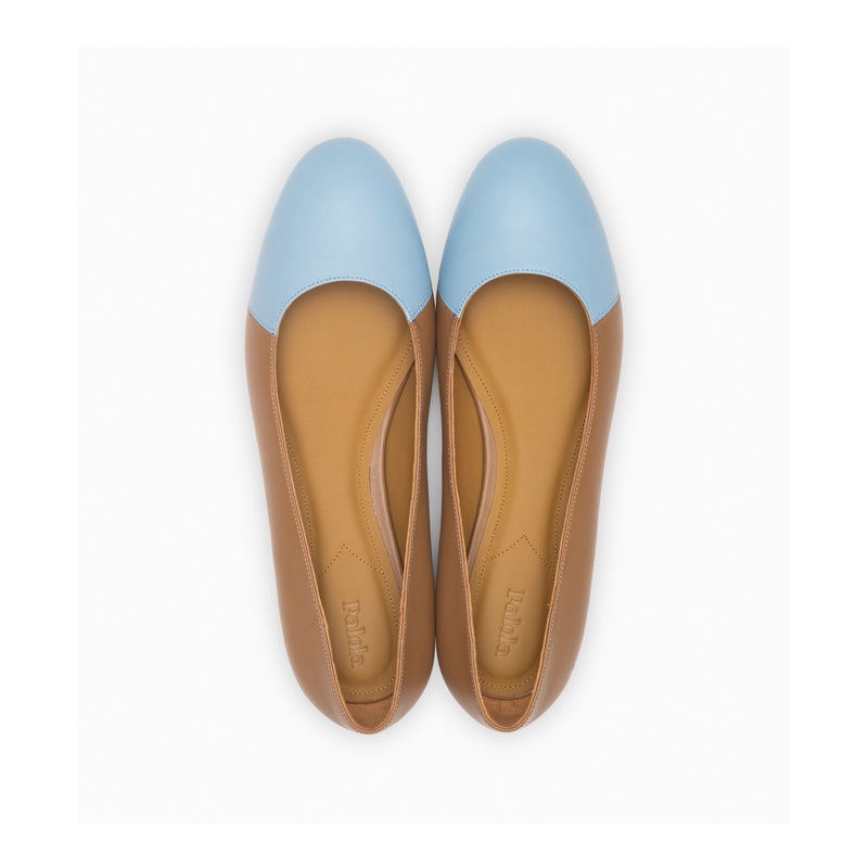 Jessica Ballet Flat in Caramel Nappa and Sky Blue Nappa Leather