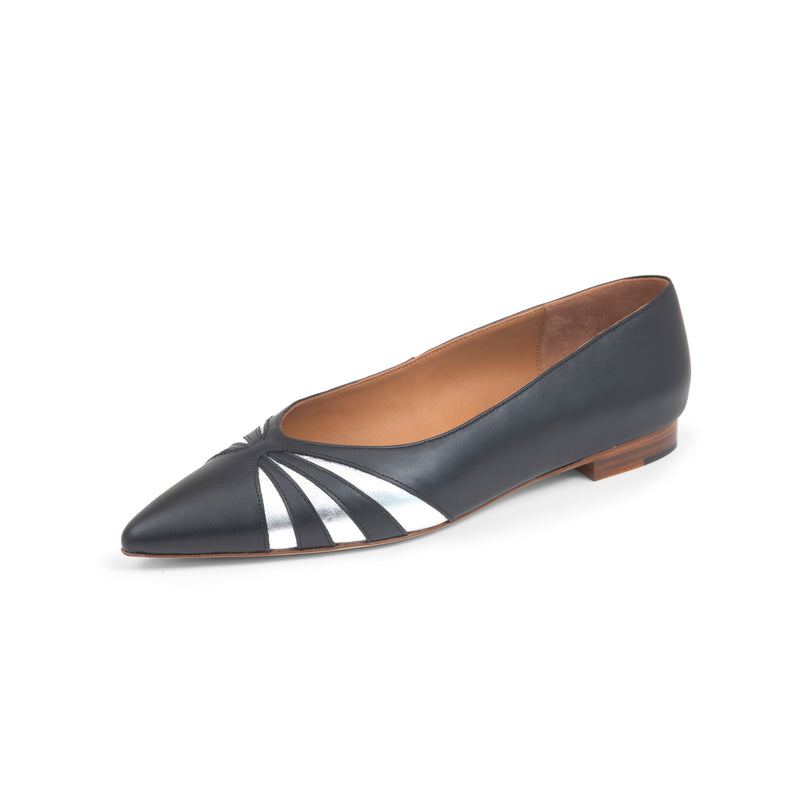 Kendall Ballet Flat in Classic Black and Metallic Silver Leather