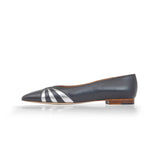 Kendall Ballet Flat in Classic Black and Metallic Silver Leather