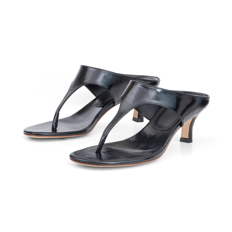 Miranda 55 Heeled Sandal in Black Wrinkled Patent Leather