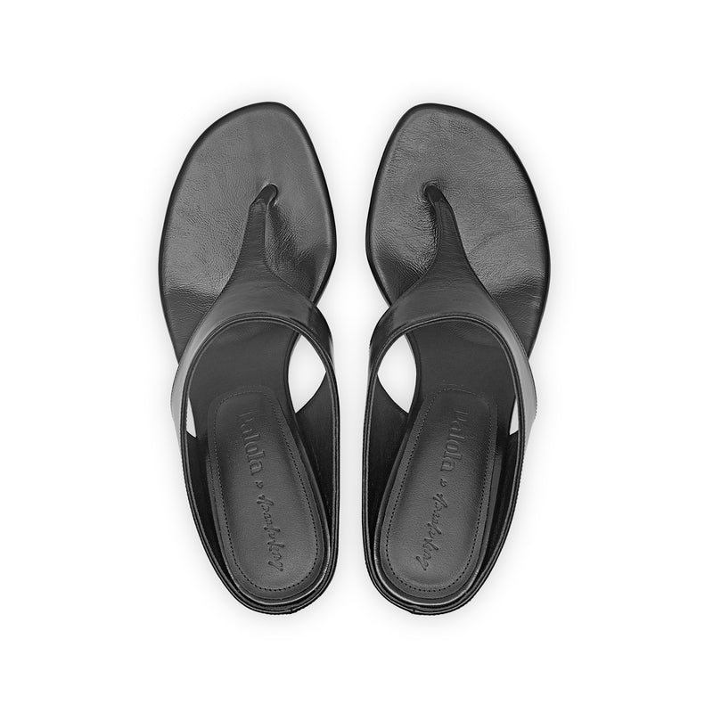 Miranda 55 Heeled Sandal in Black Wrinkled Patent Leather