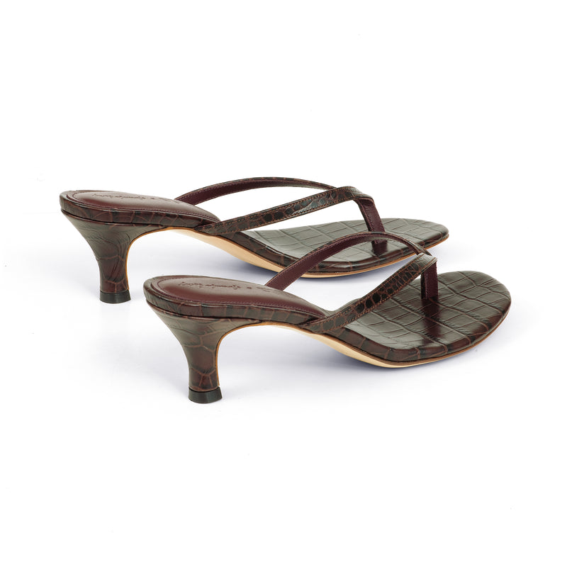 Rachel 55 Heeled Sandal in Embossed Testa Di Moro Crocodile Leather