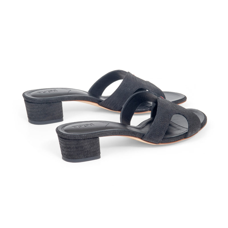 Group Made-To-Order (GMTO) Yumi 35 Heeled Sandal in Embossed Black Lizard Leather