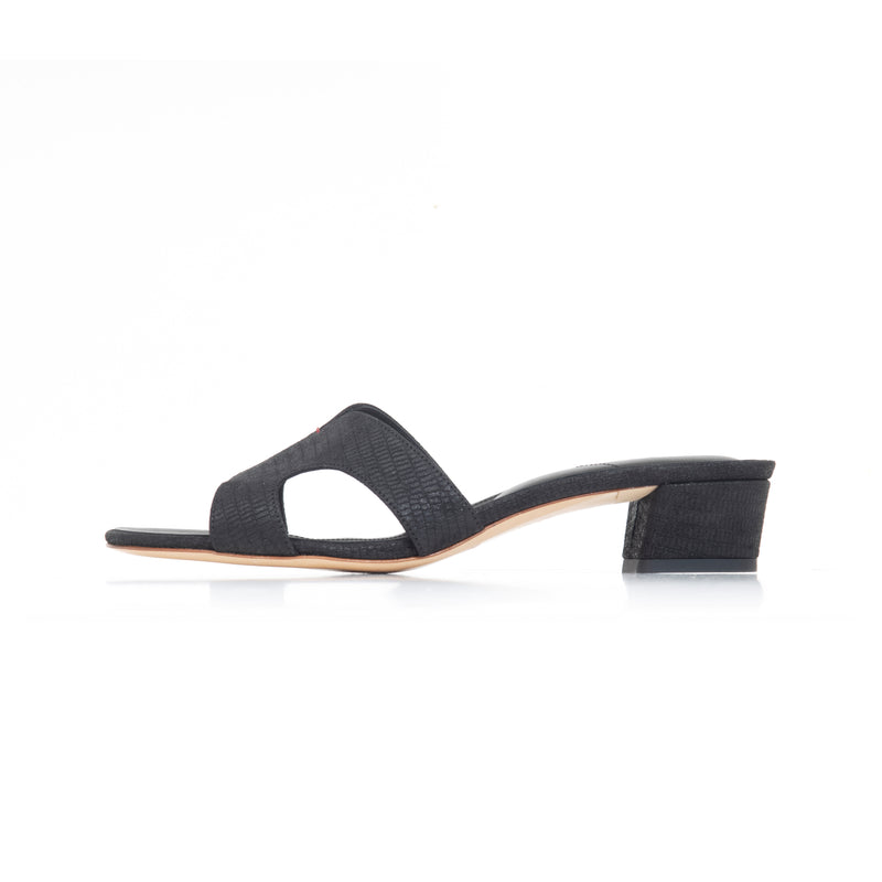 Group Made-To-Order (GMTO) Yumi 35 Heeled Sandal in Embossed Black Lizard Leather