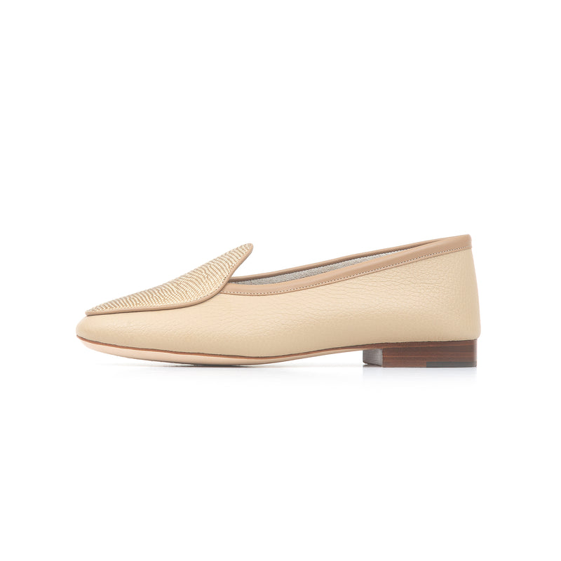 Claudia Loafer in Polvere and Embossed Gold Lizard Leather