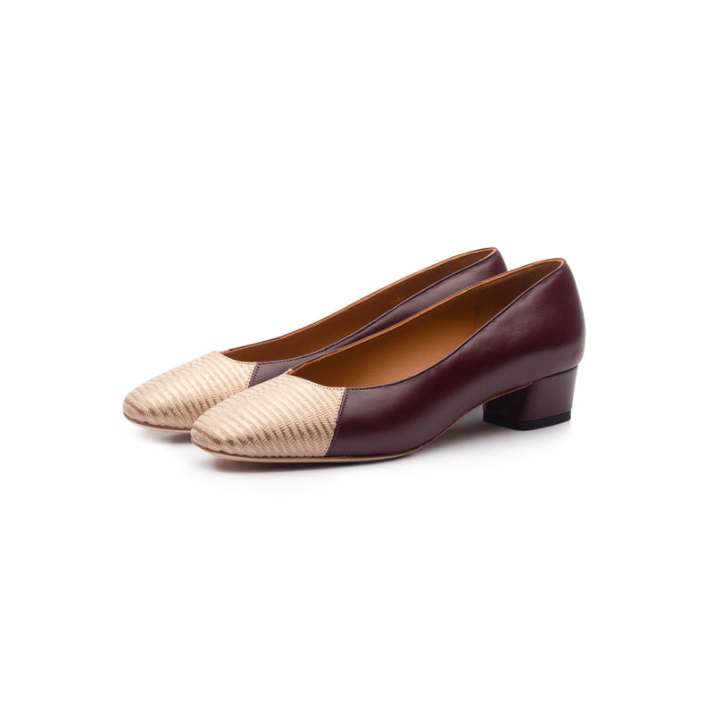 Jessica 35 Pump in Classic Oxblood and Embossed Gold Lizard Leather