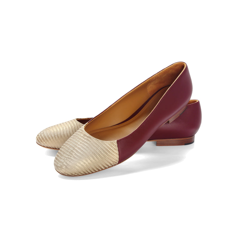 Jessica Ballet Flat in Classic Amarena and Embossed Gold Lizard Leather