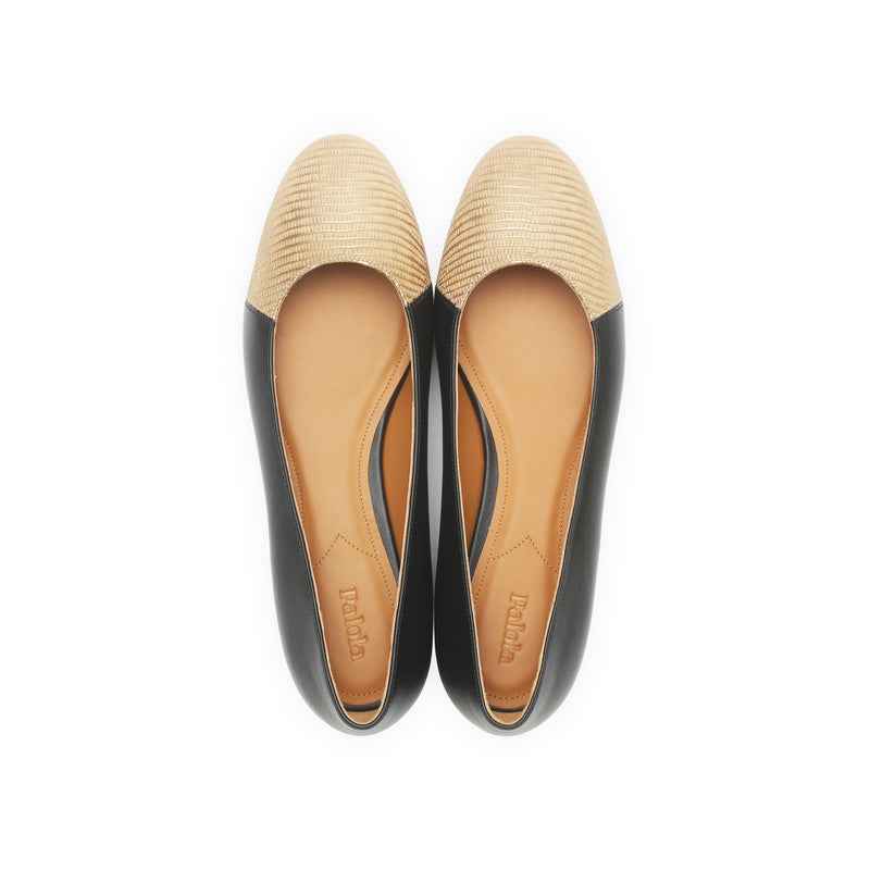 Jessica Ballet Flat in Classic Black and Embossed Gold Lizard Leather