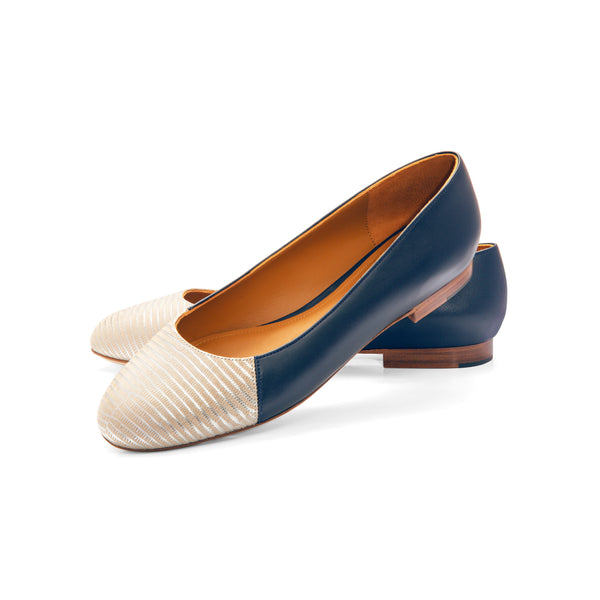 Jessica Ballet Flat in Classic Night Blue and Embossed Silver Lizard Leather