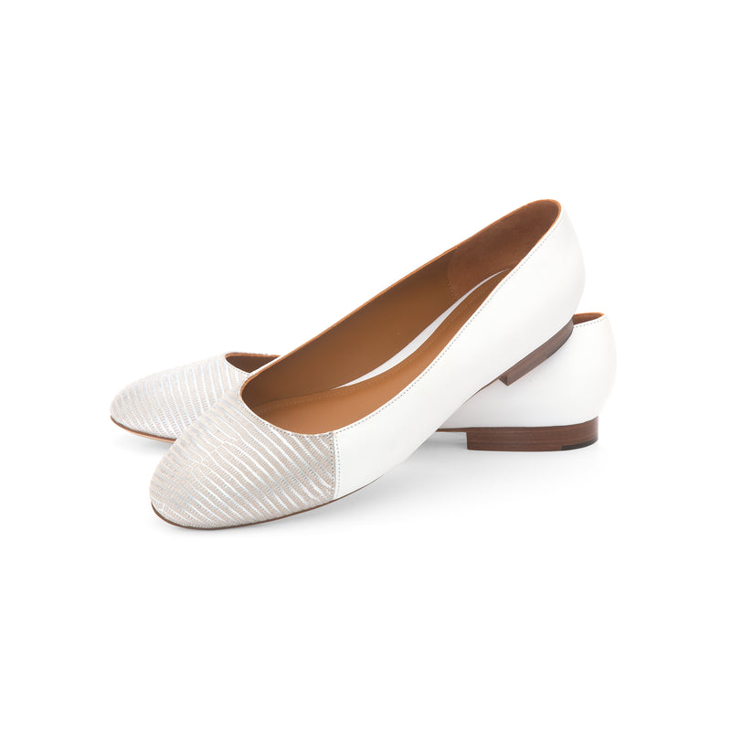 Jessica Ballet Flat in Classic White and Embossed Silver Lizard Leather