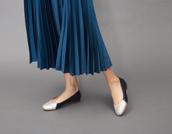 Jessica Ballet Flat in Classic Night Blue and Embossed Silver Lizard Leather